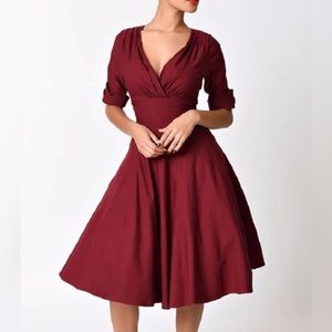 Unique Vintage Burgundy Delores Swing Dress